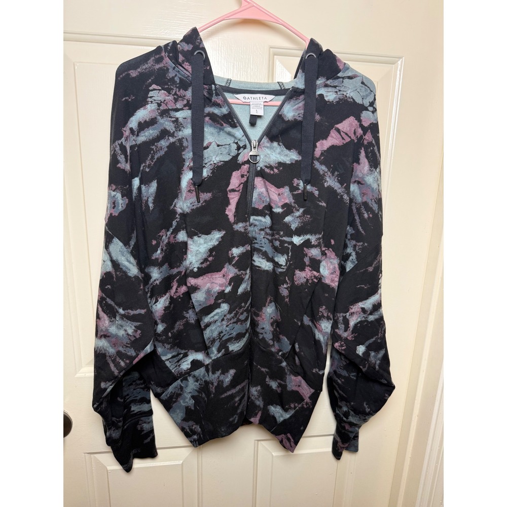 Athleta Balance Printed Full Zip Sweatshirt Hoodie Tie Dye Black Purple Large